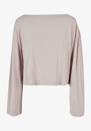 Jasnoszara, krótka bluzka z długim rękawem, wykonana z miękkiego materiału, o luźnym kroju, okrągłym dekolcie i minimalnych detalach szewnych.