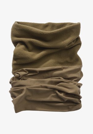 Brauner Halswärmer aus Fleece und Baumwolle mit einer weichen, strukturierten oberen Hälfte und einer glatten, zerknitterten unteren Hälfte.