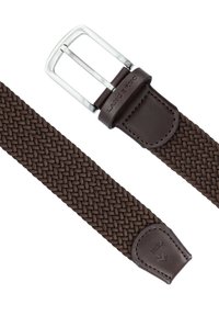 Wpleciony brązowy pasek z skórzaną obramówką i srebrną kwadratową klamrą, z teksturowanym wzorem i akcentującym przeszyciem.