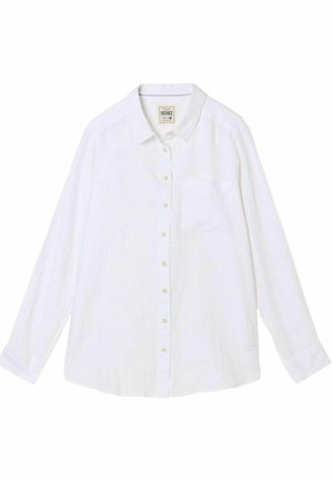 Chemise blanche à manches longues avec boutons, col et poche poitrine, présentée à plat sur un fond blanc.