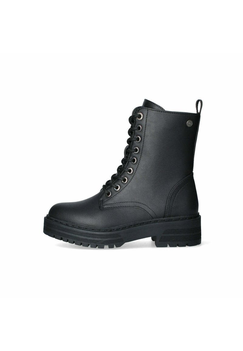 Stivaletti neri con lacci, realizzati in pelle liscia. Presentano una suola robusta con un leggero tacco e occhielli in metallo per i lacci. Linguetta sul retro.