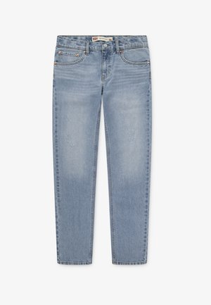 Šviesiai mėlyni džinsai tiesaus kirpimo, turintys išblukusį skalbimą, šiek tiek nudėvėjimo ant kojų ir vario kniedžių akcentus.