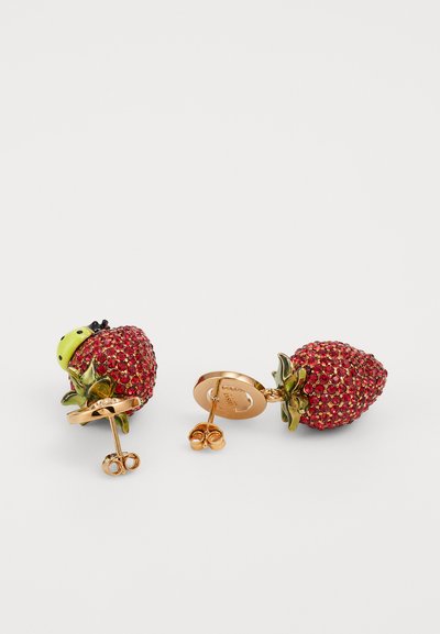 Red strawberry-shaped earrings embellished with rhinestones and green accents, featuring gold-tone hardware and a stud backing.