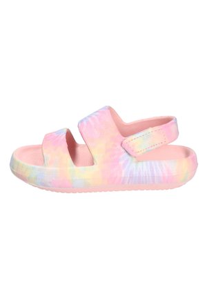 Sandał z odkrytymi palcami w rozmiarze dla malucha, z różowo-żółto-niebieskim wzorem tie-dye, z dwoma paskami i tylnym paskiem na pięcie na rzep.