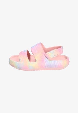 Sandał z odkrytymi palcami w rozmiarze dla malucha, z różowo-żółto-niebieskim wzorem tie-dye, z dwoma paskami i tylnym paskiem na pięcie na rzep.