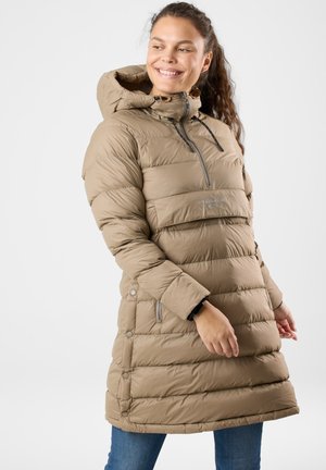Beige puffer coat with a hood, featuring a half-zip front, elastic cuffs, side buttons, and a chest pocket. Smooth, lightweight fabric.