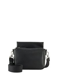 Borsa a tracolla in pelle nera con superficie testurizzata, chiusura superiore a zip, tasca frontale e tracolla regolabile. Design semplice e rettangolare.