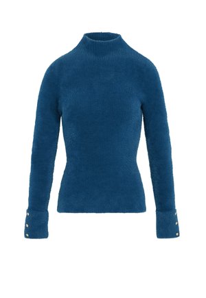 Maglione a collo alto blu, texturizzato, con maniche lunghe, caratterizzato da dettagli con bottoni sui polsini e una silhouette aderente.