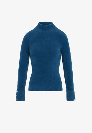 Maglione a collo alto blu, texturizzato, con maniche lunghe, caratterizzato da dettagli con bottoni sui polsini e una silhouette aderente.