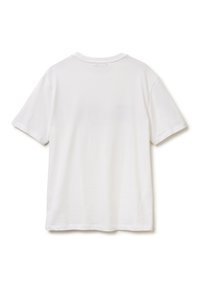 Bílé tričko s krátkým rukávem z bavlny. Má kulatý výstřih a jednoduchý design bez vzorů nebo ozdob. Zadní pohled.