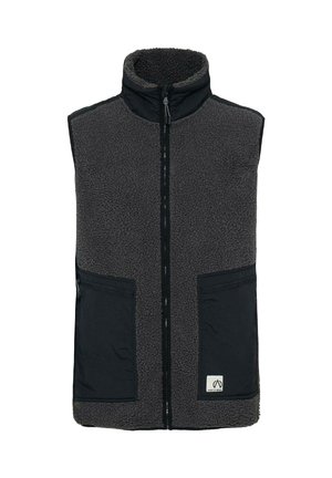 Fleece vest in dark gray with a high collar, front zipper, and two black pockets. Textured body with smooth fabric accents.