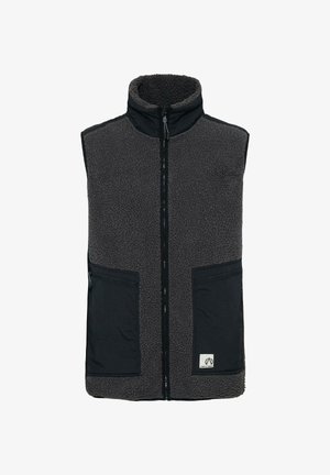 Mikina bez rukávov v tmavosivej farbe s vysokým golierom, predným zipsom a dvoma čiernymi vreckami. Textúrované telo s hladkými textilnými akcentmi.