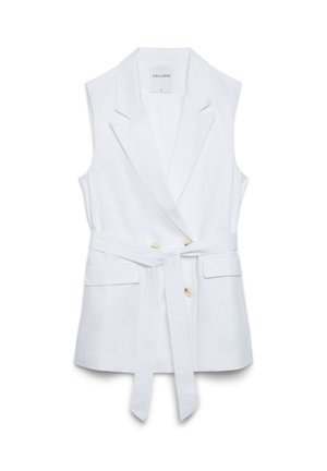 Ärmellose weiße Blazerweste mit Reverskragen, Gürtel zum Binden in der Taille, zwei Knöpfen und Pattentaschen, Größe klein von Calliope.
