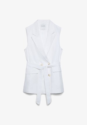 Veste sans manches blanche avec col à revers, ceinture à nouer à la taille, deux boutons et poches à rabat, taille petite, de Calliope.