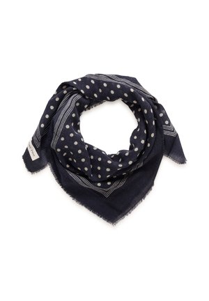 Écharpe bleu foncé à pois blancs et rayures géométriques, pliée en forme de triangle ample avec bords effilochés.