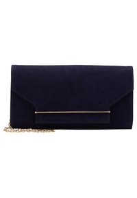 Clutch bag in suede blu navy con dettaglio in metallo dorato, design a busta e tracolla rimovibile. Texture liscia, stile minimalista.