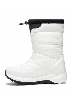 Weiße isolierte Winterstiefel mit gestepptem Design, gepolstem Schaft, schwarzen Akzenten, Gummisohle und verstellbarem oberen Teil für einen sicheren Sitz.