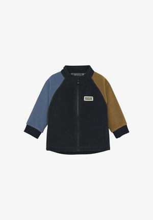 Giacca in pile con zip, dotata di maniche a blocchi di colore in blu, navy e marrone. Include una piccola toppa con logo sul lato sinistro del petto.