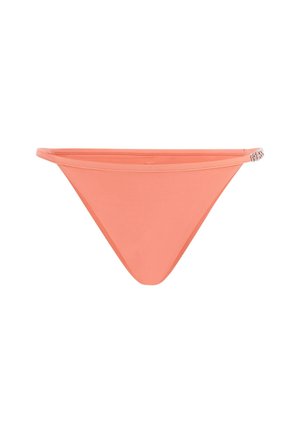 Koraalroze bikini onderkant, gemaakt van gladde stof. Heeft een klassieke stringontwerp met dunne zijkoorden en een minimalistische silhoutte.