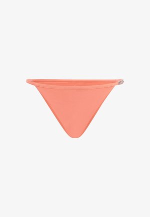 Koraalroze bikini onderkant, gemaakt van gladde stof. Heeft een klassieke stringontwerp met dunne zijkoorden en een minimalistische silhoutte.