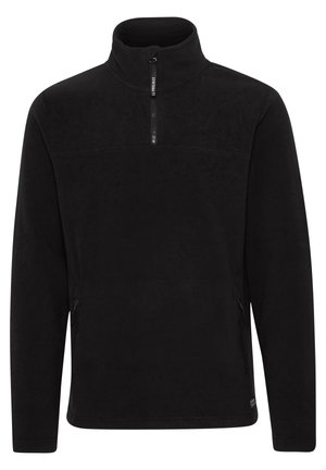 Black fleece pullover with a high collar, half-zip front, and two side pockets. Smooth texture with subtle stitching detail near the neckline.