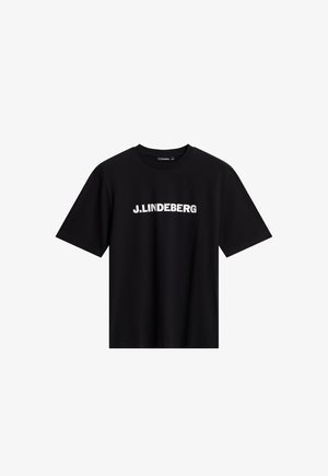Sort bomulds T-shirt med korte ærmer, prydet med et hvidt trykt logo "J. LINDEBERG" hen over brystet. Standard crew neck design.