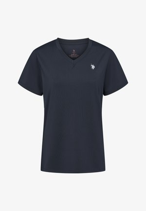 Marineblå kortærmet V-hals skjorte med lille hvid polo-spiller logo på venstre bryst.