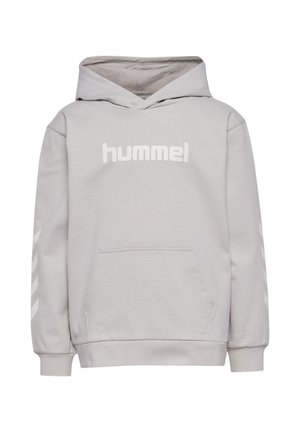 Lysegrå hummel-hoodie med frontlomme, lange ærmer med skråstriber og en hætte.