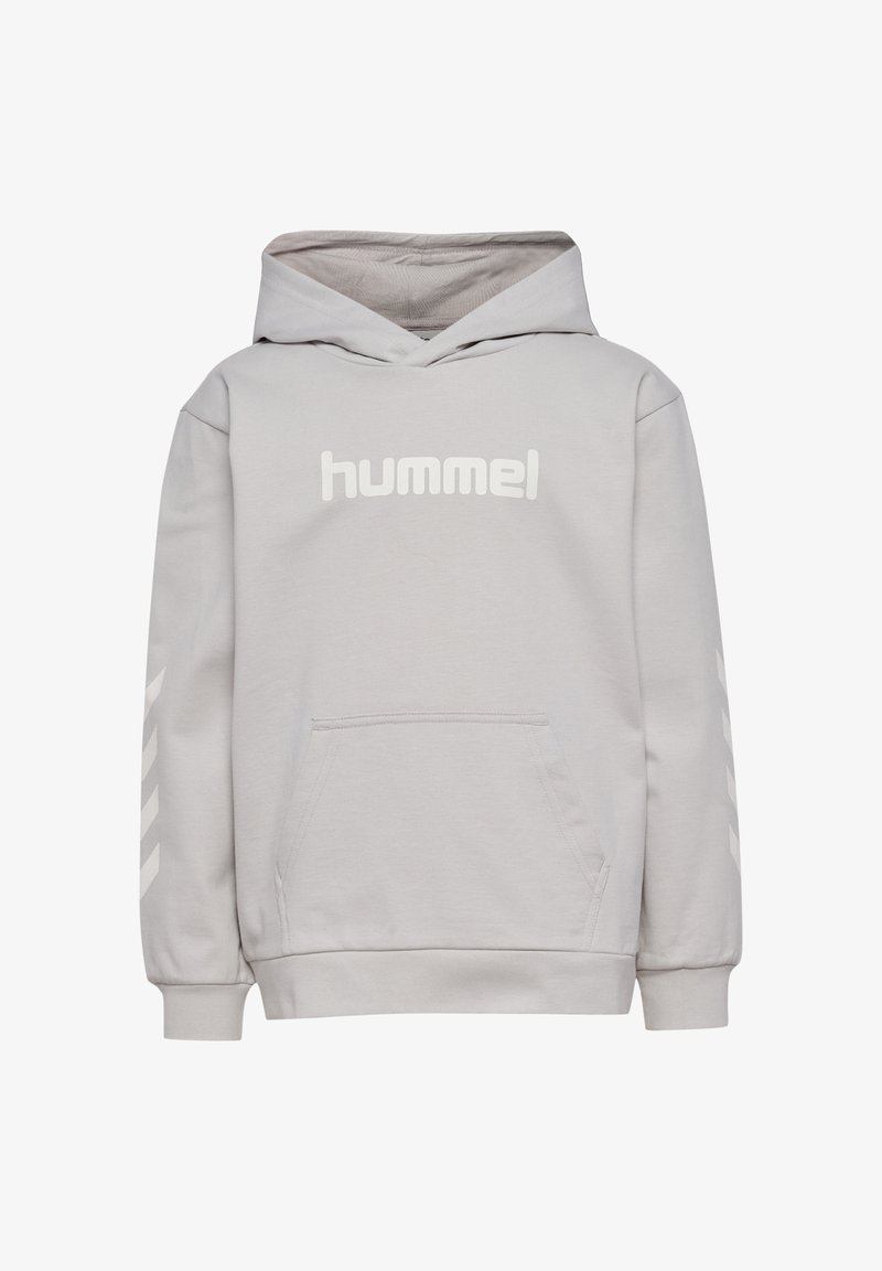 Hellgrauer Hummel-Hoodie mit Kängurutasche vorne, langen Ärmeln mit Chevron-Streifen und Kapuze.
