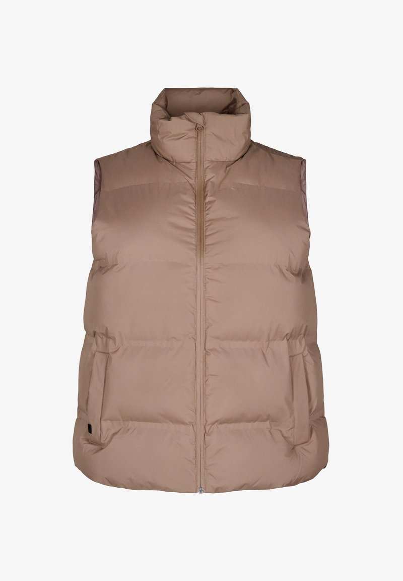 Wattierte Weste in Hellbraun mit hohem Kragen, Frontreißverschluss, Seitentaschen und gestepptem Material für Isolierung.