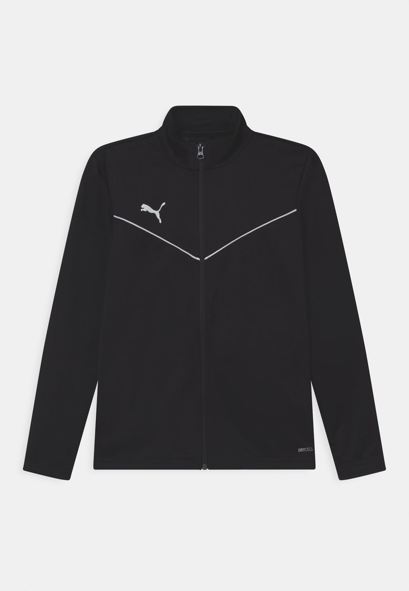 Veste de sport noire en matériau lisse, dotée d'un col haut, d'une fermeture éclair intégrale et de lignes d'accentuation blanches. Comprend un petit logo sur la poitrine.