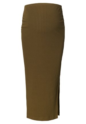 Olijfgroene geribbelde breigoed midi-penseelrok met een aangesloten hoge taille en een zijsplit.