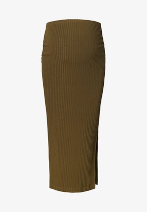 Olijfgroene geribbelde breigoed midi-penseelrok met een aangesloten hoge taille en een zijsplit.