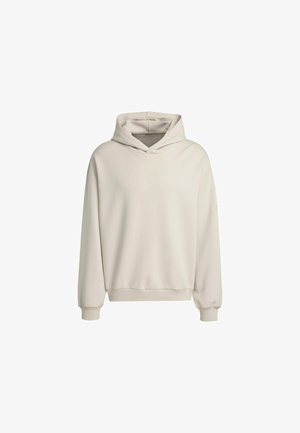 Beige hoodie made of smooth fabric, featuring a drawstring hood, long sleeves, and ribbed cuffs and hem for a relaxed fit.
