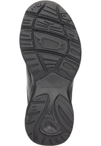 Suola di scarpa in gomma nera con un motivo di battistrada testurizzato per una maggiore aderenza, presenta un dettaglio circolare sulla suola e un logo impresso.