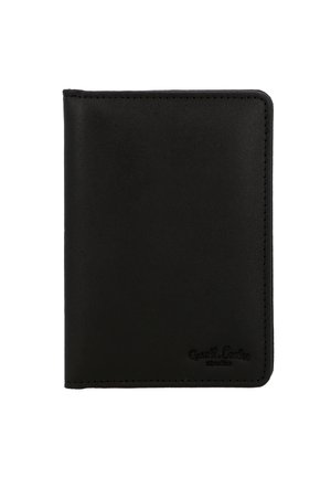 Black leather wallet with smooth texture, rounded corners, and subtle stitching. Features embossed logo in the lower right corner.