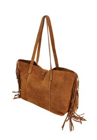 Borsa tote in suede marrone con lunghe frange, manici robusti e un'ampia apertura superiore. Presenta una texture morbida e un design casual.