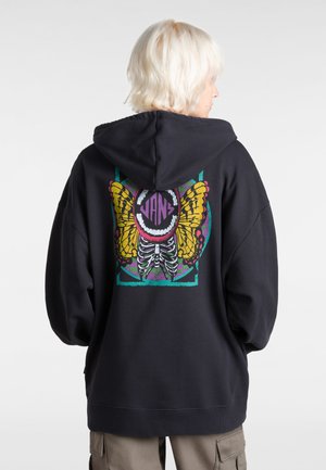Black hoodie with a graphic print featuring a butterfly and skeleton design in vibrant colors on the back. Soft fabric, relaxed fit.