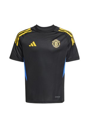 Schwarzes Manchester United Fußballtrikot mit gelbem Adidas-Logo und Streifen auf den Schultern, blauen Seitenteilen und Aeroready-Schriftzug nahe dem Saum.