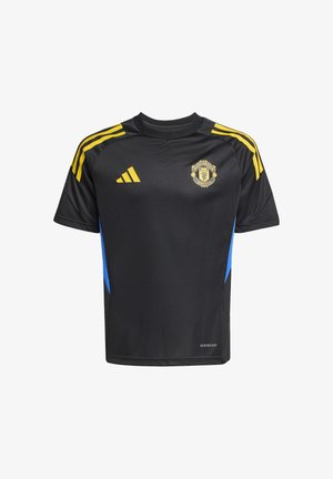 Maillot de football noir de Manchester United avec logo Adidas jaune et bandes sur les épaules, panneaux latéraux bleus et texte Aeroready près de l’ourlet.