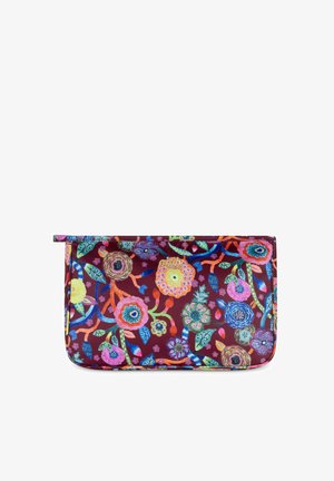 Etui met meerkleurige bloemenprint op een donker bordeauxrode achtergrond, gemaakt van gladde stof met een ritssluiting en een plat ontwerp.