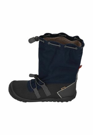 Blue fabric boot with gray rubber sole; features a drawstring top, gray accent straps, and a soft inner lining for comfort.
