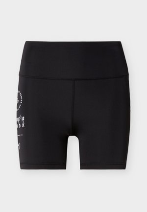 Czarne sportowe spodenki rowerowe z wysokim stanem oraz białym nadrukiem i logo na lewej udzie.