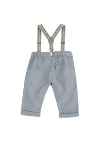 Pantalon gris avec poignets retroussés, doté d'une taille élastique et de bretelles réglables à rayures beiges. Inclut une poche arrière unique.