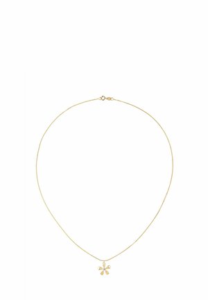 Zelta kaklarota ar elegantu ķēdi un zieda formā piekariņu ar apaļām ziedlapām un centrālo akcentu.