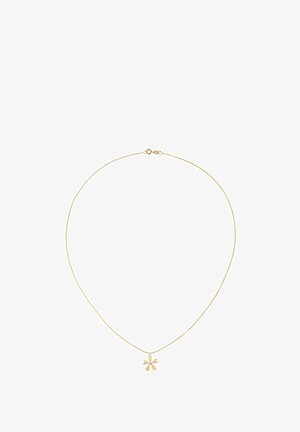 Gold necklace with a sleek chain and a flower-shaped pendant featuring rounded petals and a central accent.