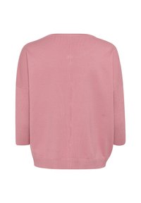 Light pink knit top with a relaxed fit, short sleeves, and a rounded neckline. Smooth texture with a subtle sheen.
