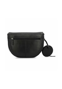 Borsa a tracolla in pelle nera con una forma rotonda, chiusura con zip e una borsa circolare portamonete staccabile su una tracolla laterale.