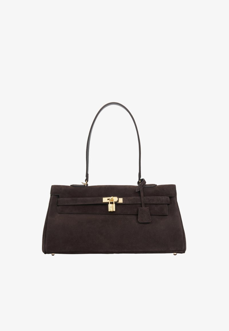 Dark brown suede handbag with single top handle, gold-tone lock closure, and leather key holder hanging on the front strap.