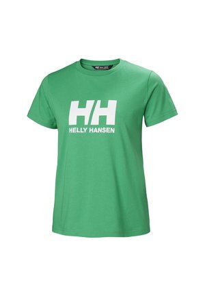 Zelené bavlněné tričko s bílým potiskem loga "HH" a "Helly Hansen." Krátké rukávy a klasický kulatý výstřih.